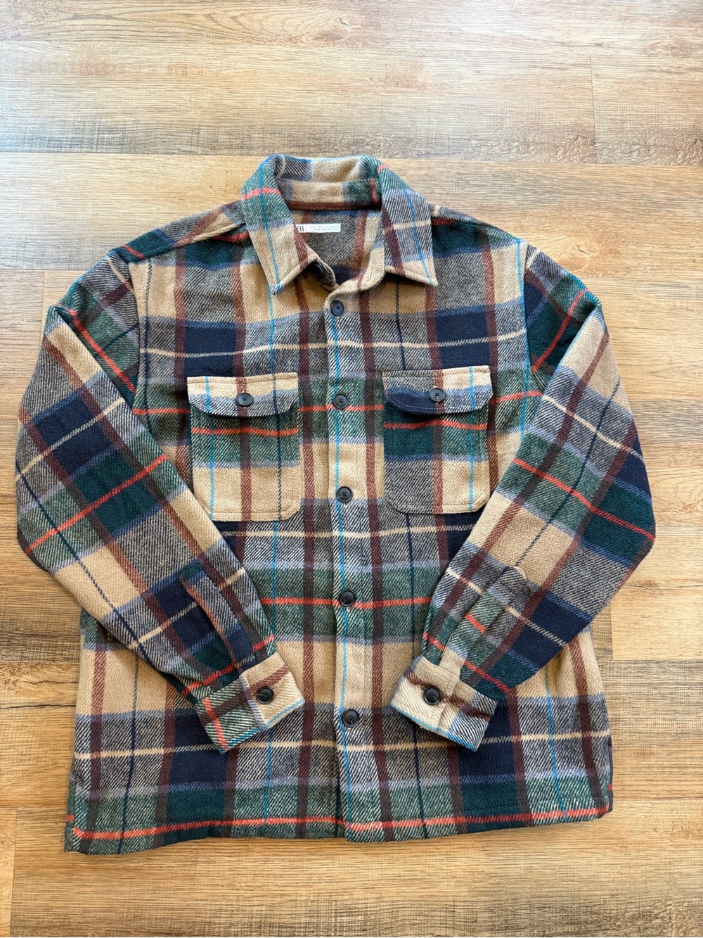 Zara Plaid Shirt Jacket in Tan, Green & Navy